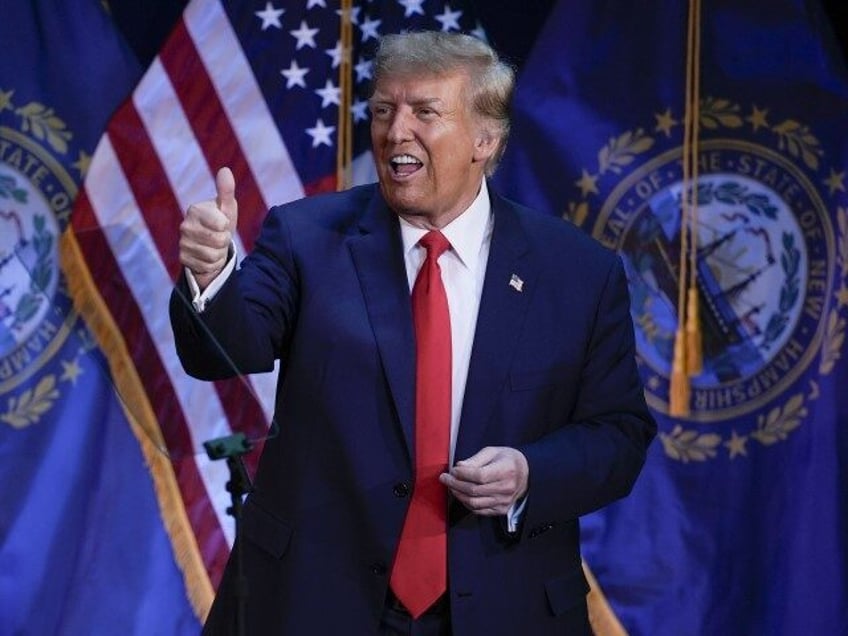 Republican presidential candidate former President Donald Trump gives a thumbs up after speaking at a campaign event in Rochester, New Hampshire, Sunday, January 21, 2024. (Charles Krupa/AP)