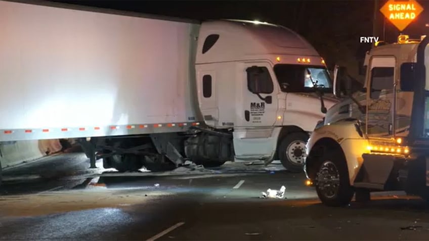 A jackknifed semi at the scene of the 13-car pileup