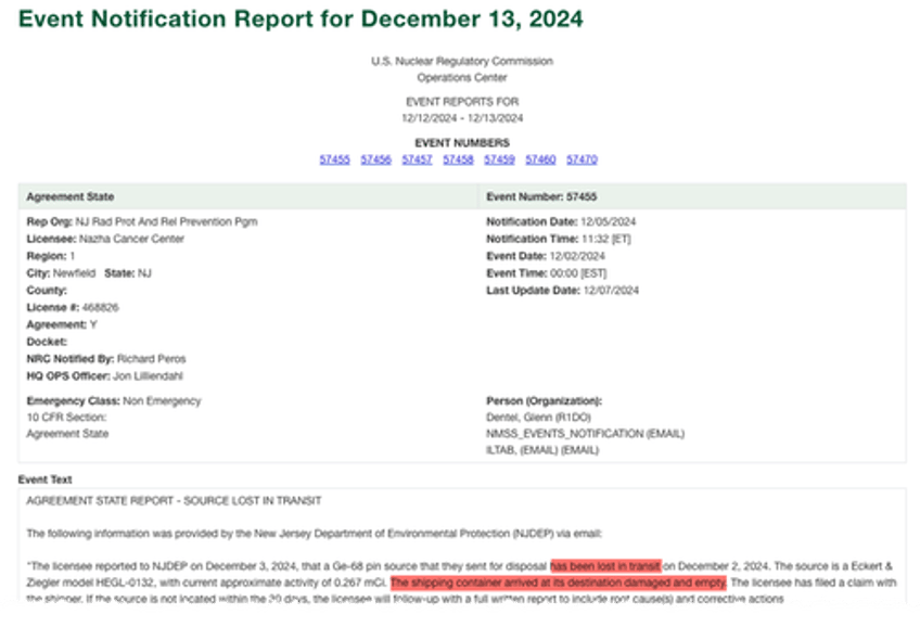 new jersey receives report radioactive medical device lost in transit