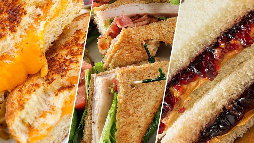 Split images of a grilled cheese, turkey sandwich, and pbj.