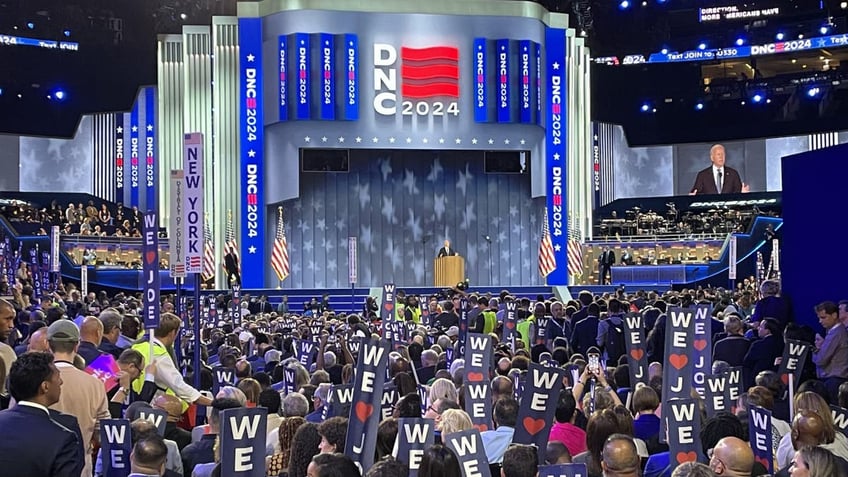 The United Center is packed on the first night of the Democratic National Convention, as President Biden addresses the crowd, on August 19, 2024 in Chicago, Illinois