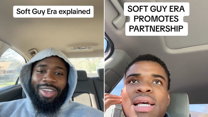 Two split collage of men talking at camera on video.