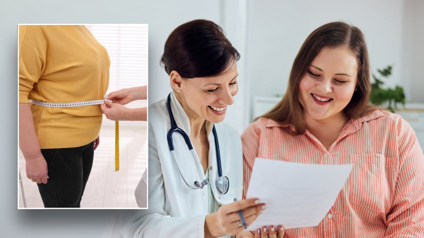 Split image of waist measuring and doctor looking at paper with obese patient