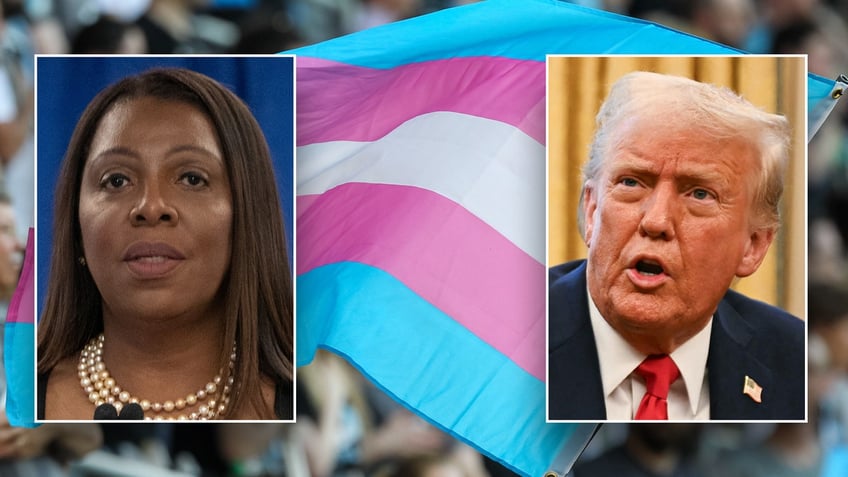 Split image of James, Trump, trans flag