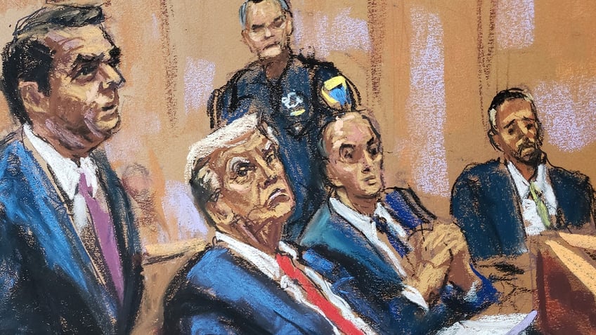 A court sketch depicts former President Donald Trump appearing in a New York City courtroom in Manhattan