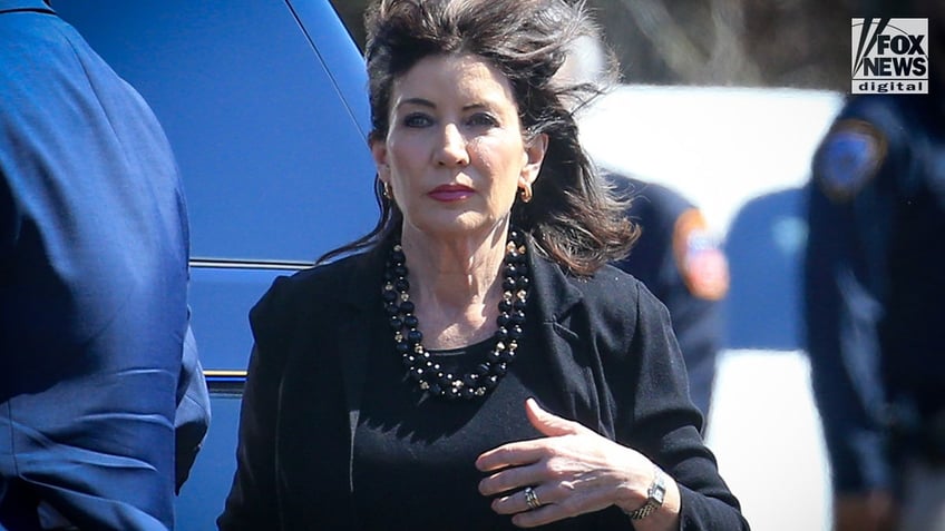 New York Governor Kathy Hochul arrives at the wake for slain NYPD officer Jonathan Diller at the Massapequa Funeral Home