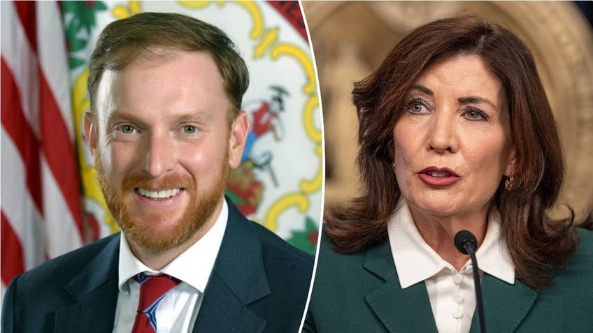 West Va. AG J.B. McCuskey, left; NY Gov. Hochul, right