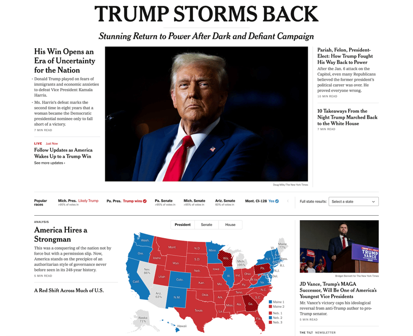 new york times describes trumps win in threatening terms storms back after dark and defiant campaign