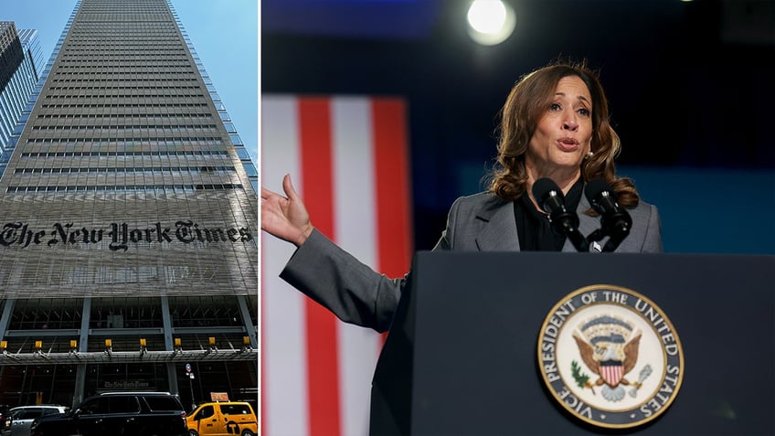 The New York Times building and VP Kamala Harris