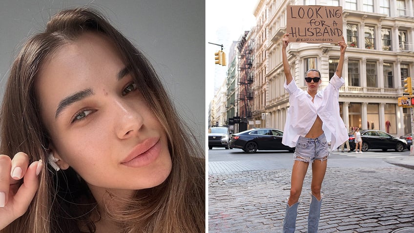 new york woman walks down the street with a looking for a husband sign sparking plenty of conversation