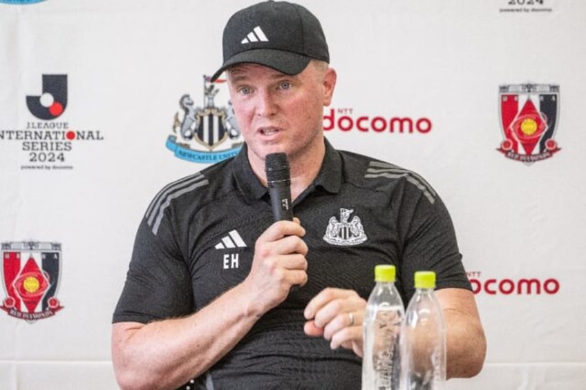 Newcastle United's Eddie Howe talks to reporters after training at the Komazawa Olympic Pa