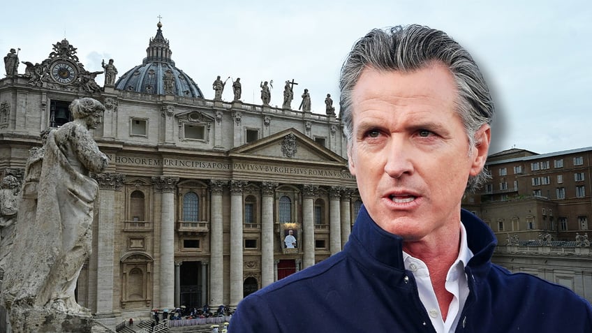 Vatican in background, Gov. Newsom at right in photo illustration