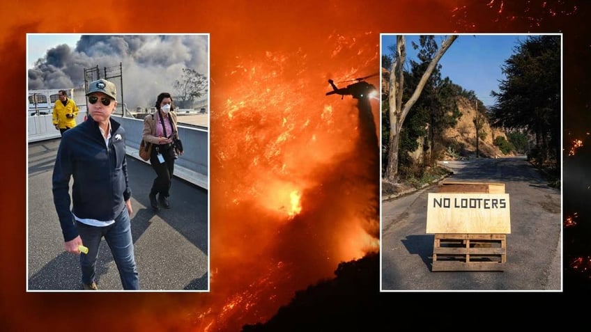 LA wildfires with an overlay of Newsom in one photo box on the left, and a sign that says "No looters" in another box on the right.