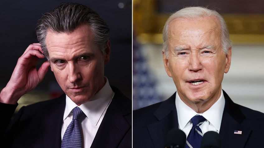 left/right split photos: Gov. Newsom and President Biden