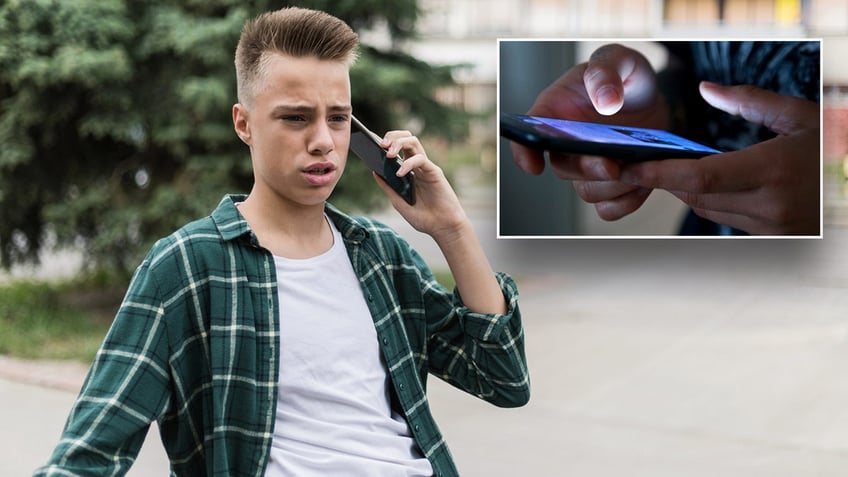 Boy on phone with inset of person tracking something on a phone.