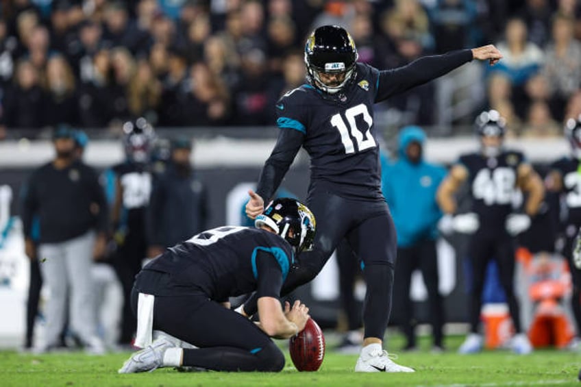 Brandon McManus of the Jacksonville Jaguars kicks for a field goal during an NFL football game against the Cincinnati Bengals at EverBank Stadium on...