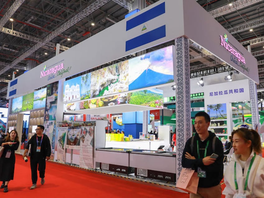 SHANGHAI, CHINA - NOVEMBER 06: People visit the country pavilion of Nicaragua during the sixth China International Import Expo (CIIE) at the National Exhibition and Convention Center on November 6, 2023 in Shanghai, China. The 6th China International Import Expo kicked off on Sunday, with many cutting-edge technologies and new products making their debuts at the event. (Photo by VCG/VCG via Getty Images)