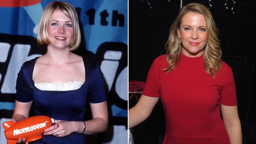 photo of Melissa Joan Hart holding Nickelodeon award in 1998 split with photo of Melissa Joan Hart in 2019