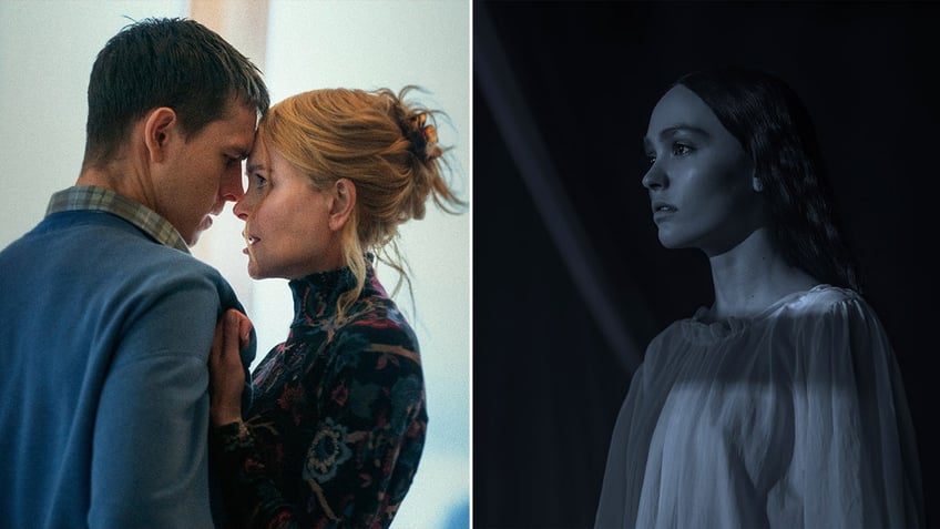 Side by side images of Harris Dickinson and Nicole Kidman in a scene from Babygirl and Lily-Rose Depp in a scene from Nosferatu