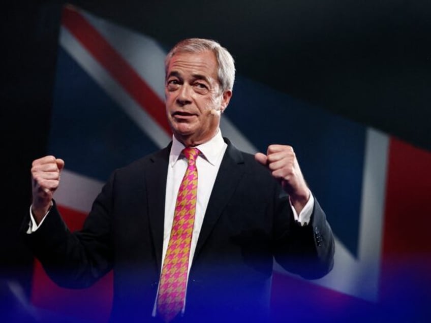 Reform UK party leader Nigel Farage gestures as he delivers a speech on the opening day of