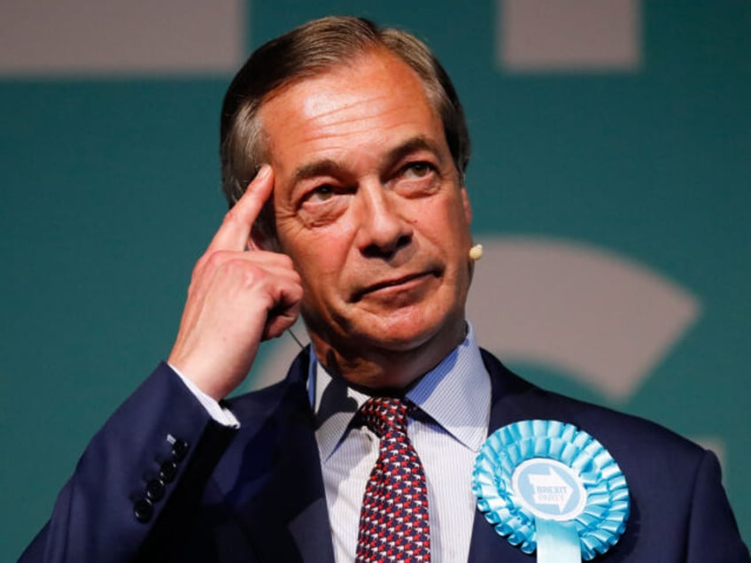 Brexit Party leader Nigel Farage addresses a European Parliament election campaign rally at Olympia London, west London on May 21, 2019. (Photo by Tolga AKMEN / AFP) (Photo by TOLGA AKMEN/AFP via Getty Images)