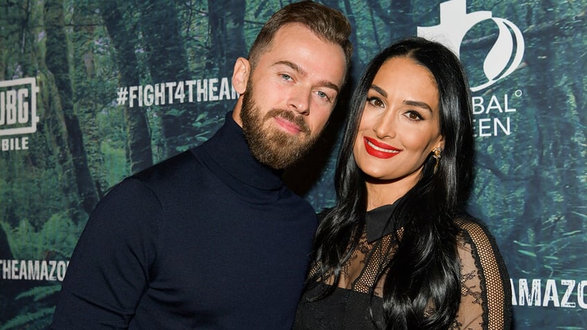 Artem Chigvintsev (L) and Nikki Bella cuddling