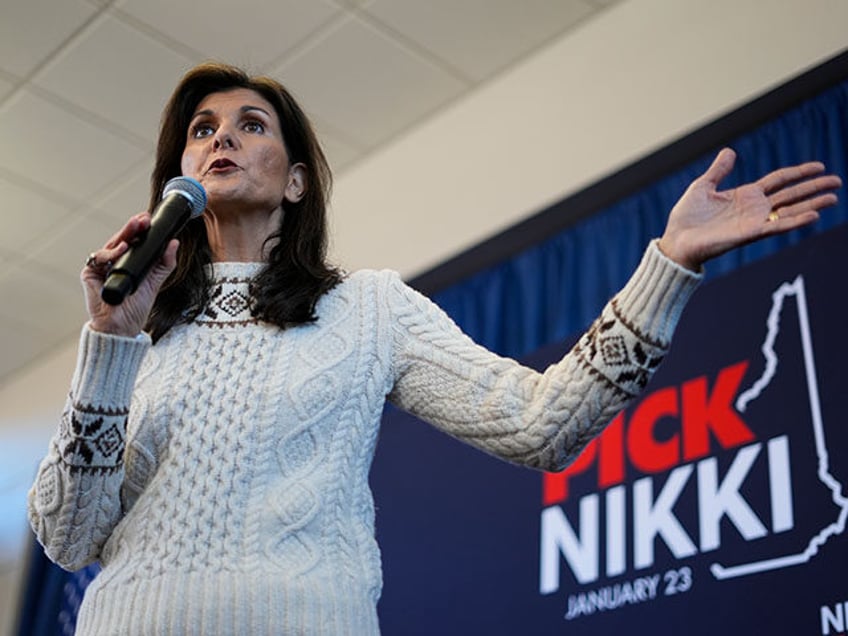 Republican presidential candidate former UN Ambassador Nikki Haley speaks during a campaign event at Gilbert H. Hood Middle School in Derry, N.H., Sunday, Jan. 21, 2024. (AP Photo/Matt Rourke)