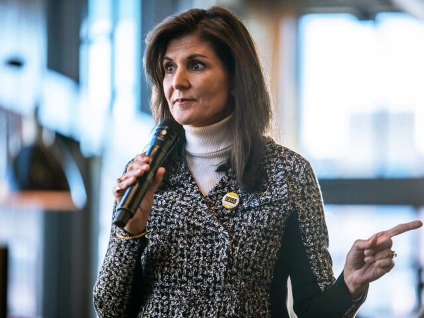 Nikki Haley, former ambassador to the United Nations and 2024 Republican presidential candidate, speaks during a Lady Hawkeyes tailgate event at the Iowa Athletic Club in Coralville, Iowa, US, on Saturday, Dec. 30, 2023. Haley sought to tamp down controversy over remarks that failed to list slavery as the cause …