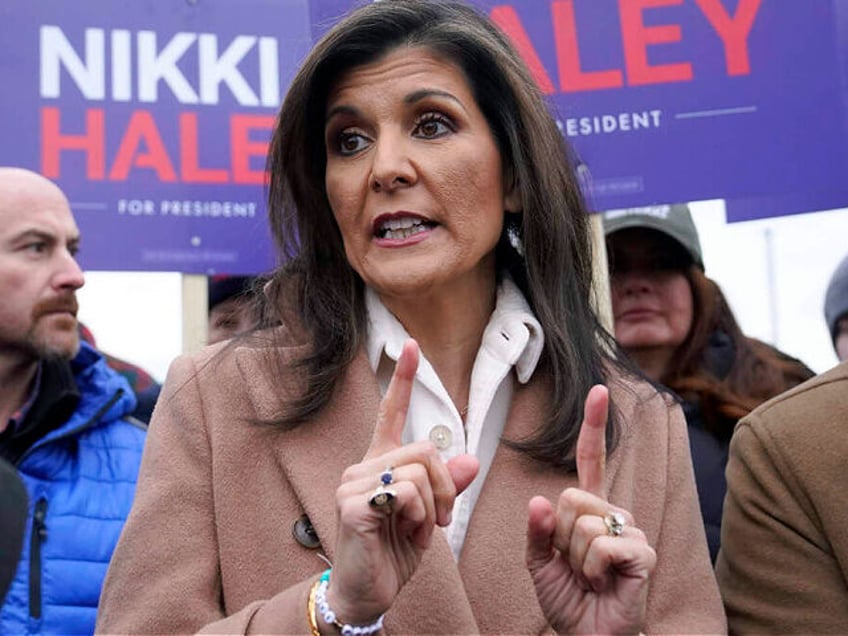 Republican presidential candidate former U.N. Ambassador Nikki Haley addresses members of the media, Tuesday, Jan. 23, 2024, near a polling site at Winnacunnet High School, in Hampton, N.H. (AP Photo/Steven Senne)