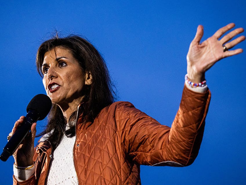 Republican Presidential hopeful and former UN Ambassador Nikki Haley speaks during a campa