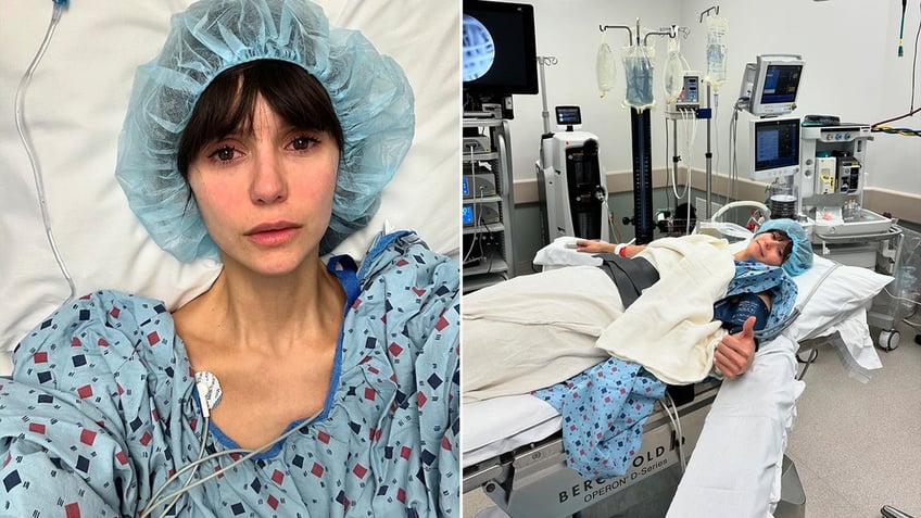 Nina Dobrev looks like she's been crying in a hospital gown and cap split Nina Dobrev gives the thumbs up before surgery on her hospital gurney