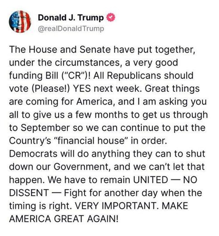 no dissent trump asks all republicans to give us a few months and approve gop continuing resolution