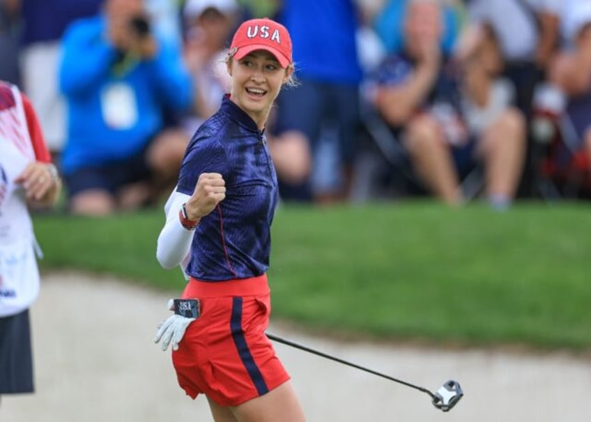 Top-ranked Nelly Korda celebrates an eagle putt to clinch a US four-ball match victory at