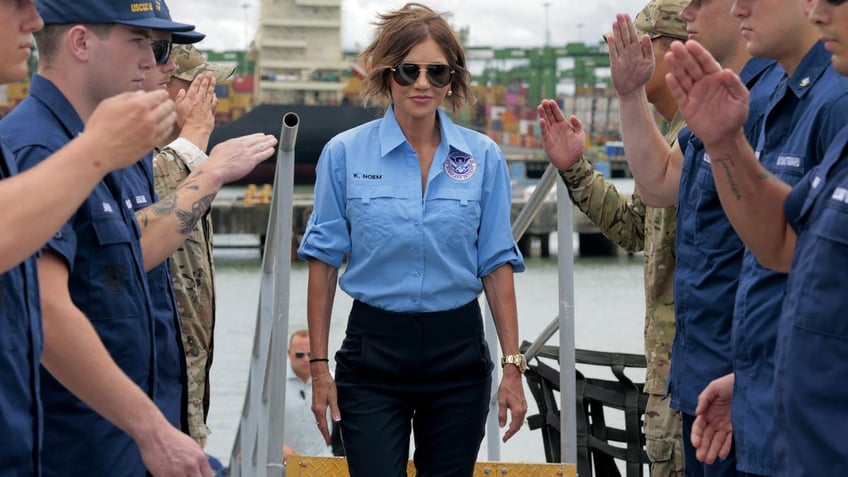 PANAMA CITY, PANAMA - JUNE 24: U.S. Homeland Security Secretary Kristi Noem boards the U.S. Coast Guard Cutter Escanaba for a meeting on drug interdiction on June 24, 2025 in Panama City, Panama.