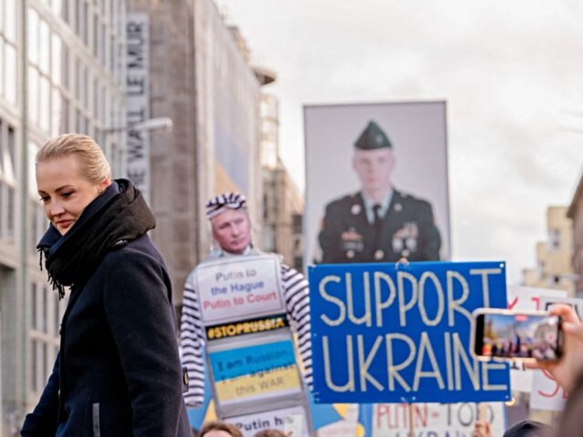 Yulia Navalnaya, widow of late Russian opposition leader Alexei Navalny, speaks during a d