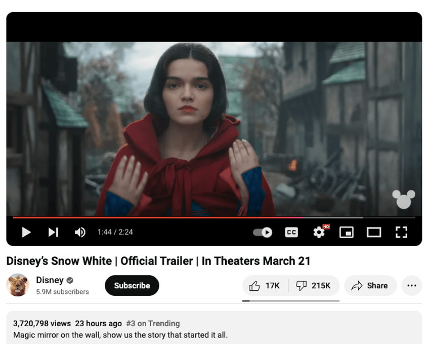 nolte 215k downvotes to only 17k upvotes for disneys latest snow white trailer