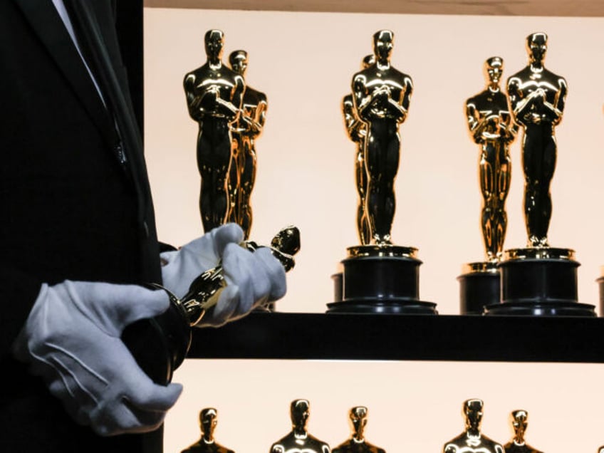 HOLLYWOOD, CA - March 27, 2022: Oscar statuettes sit on display backstage during the show
