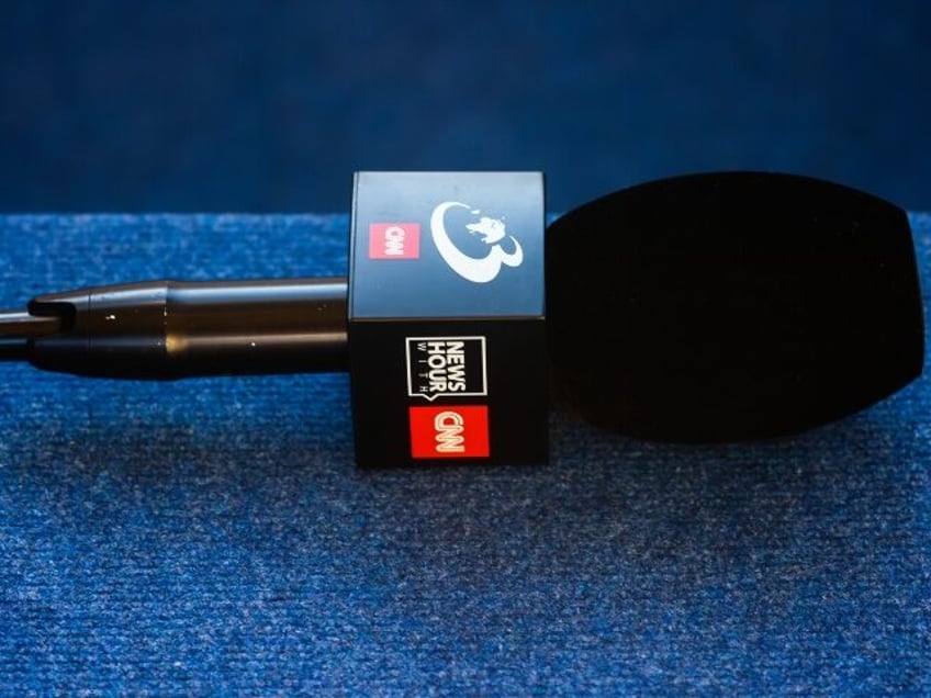 CNN microphone is seen during NATO Summit at LITEXPO Lithuanian Exhibition and Congress Ce