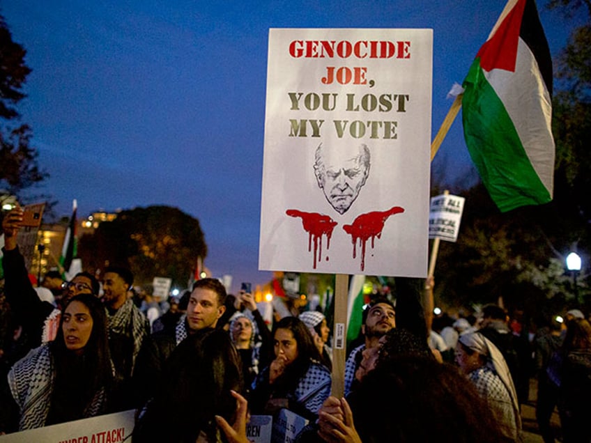 A demonstrator holding a sign with Genocide Joe, You Lost My Vote written on it, gathers in front of the White House during the National March on Washington: Free Palestine while calling for a ceasefire between Israel and Hamas in Washington, DC. Israeli Prime Minister Benjamin Netanyahu has stated that there will be no ceasefire or pause in hostilities in the Gaza Strip until all of the hostages held by Hamas are released. (Photo by Probal Rashid/LightRocket via Getty Images)