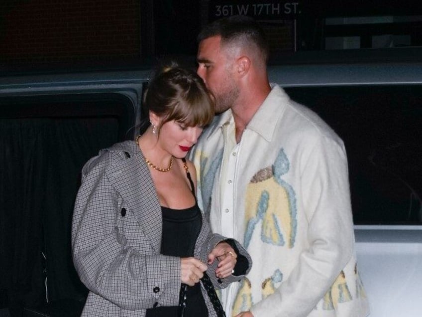 Travis Kelce and Taylor Swift arrive at SNL Afterparty on October 15, 2023 in New York City. (Gotham/GC Images via Getty)