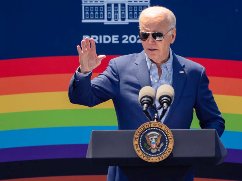 US President Joe Biden speaks during a Pride Month celebration event at the White House in Washington, DC, US, on Saturday, June 10, 2023. Biden this week announced new federal efforts designed to help LGBTQ youth and counter book bans following Republican efforts at the state and local level to pass laws targeting transgender Americans. Photographer: Nathan Howard/Bloomberg via Getty Images