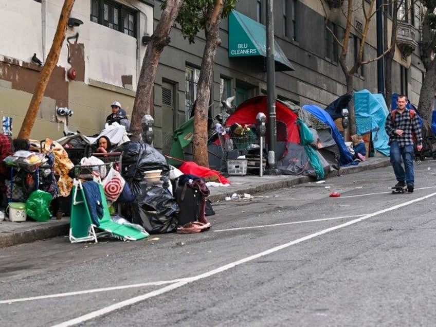 A homeless encampment is seen in Tenderloin District of San Francisco, California, on June 6, 2023. (Tayfun Coskun/Anadolu Agency via Getty)