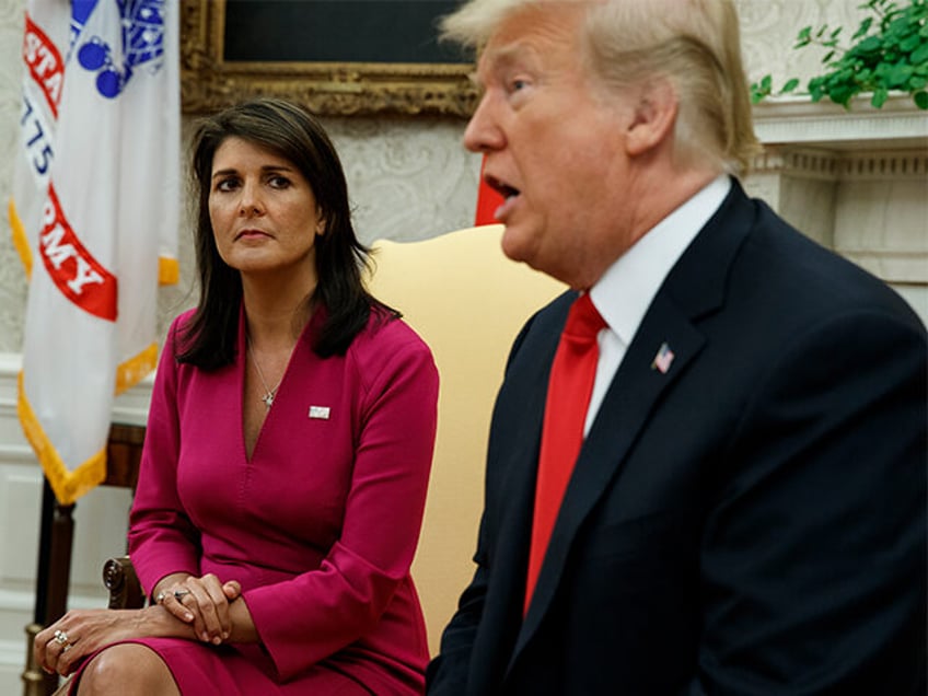 FILE - President Donald Trump speaks during a meeting with outgoing U.S. Ambassador to the United Nations Nikki Haley in the Oval Office of the White House, Oct. 9, 2018, in Washington. After Trump left the White House, Haley, vowed not to step in the way if he ran for …