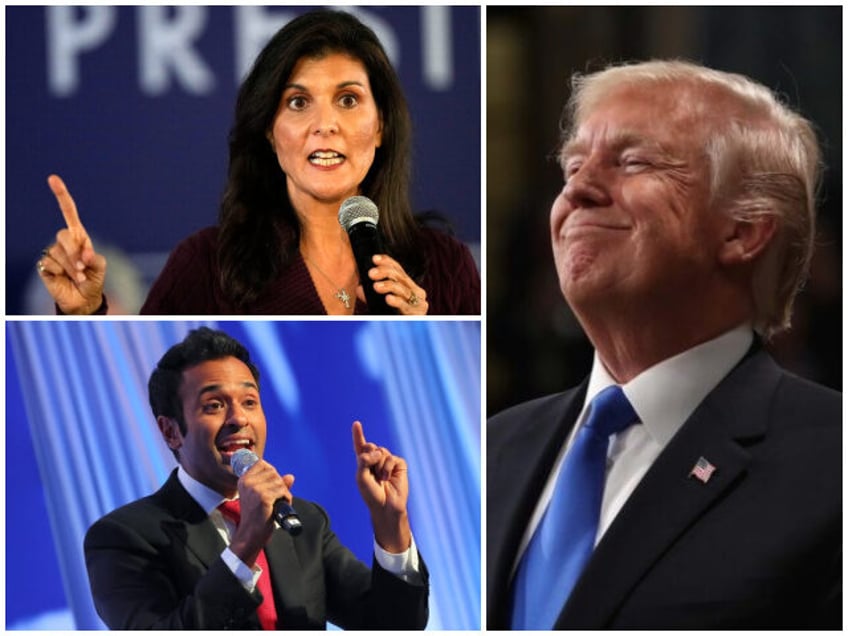 Collage of former President Donald Trump at State of the Union (Win McNamee / AFP / Getty), Vivek Ramaswamy speaking at a Moms for Liberty event (Michael M. Santiago/Getty Images), and Nikki Haley at a town hall (AP Photo/Robert F. Bukaty).