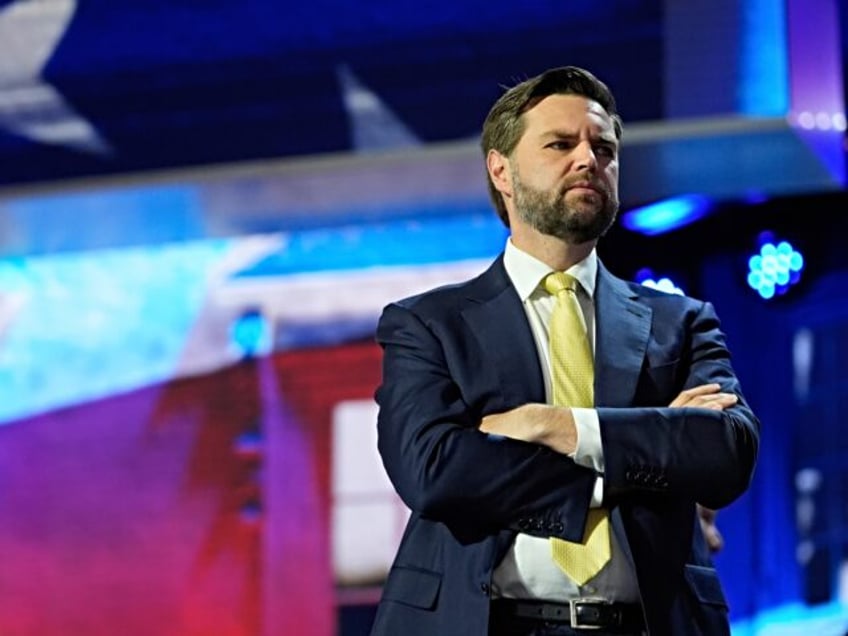 Republican vice presidential candidate Sen. JD Vance, R-Ohio, checks out the stage before