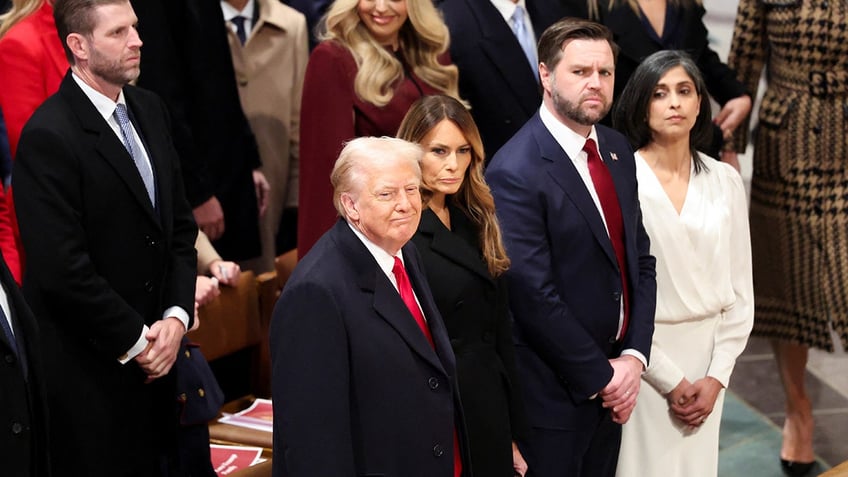 U.S. President Donald Trump, his wife Melania, U.S. Vice President J.D. Vance with his wife Usha, Tiffany Trump and Eric Trump attend the National Day of Prayer Service