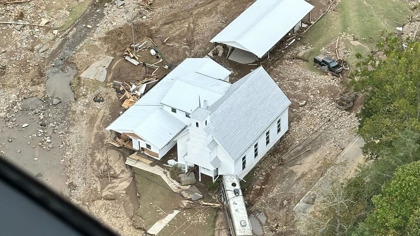 A church damaged after Hurricane Helene from a bird's-eye view