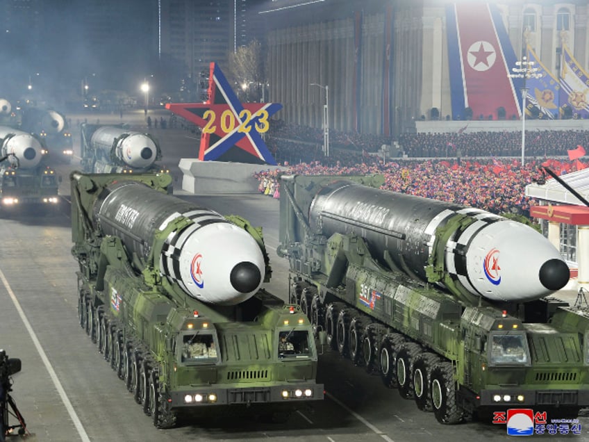 In this photo provided by the North Korean government, what it says are intercontinental ballistic missiles are displayed during a military parade to mark the 75th founding anniversary of North Korea’s army at Kim Il Sung Square in Pyongyang, North Korea, Wednesday, Feb. 8, 2023. Independent journalists were not given access to cover the event depicted in this image distributed by the North Korean government. The content of this image is as provided and cannot be independently verified. Korean language watermark on image as provided by source reads: "KCNA" which is the abbreviation for Korean Central News Agency. (Korean Central News Agency/Korea News Service via AP)