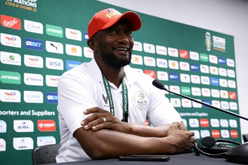 Namibia's coach Collin Benjamin speaks to reporters in Bouake ahead of the AFCON last-16 tie against Angola