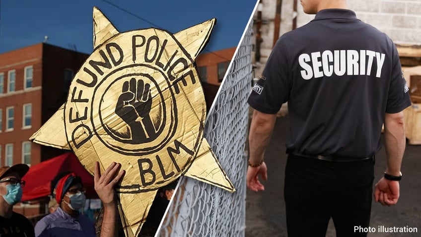 defund the police sign, protesters and security guard